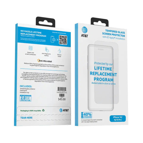Захисне скло AT&T Antimicrobial Tempered для iPhone 14/13/13 Pro (Без рамки)