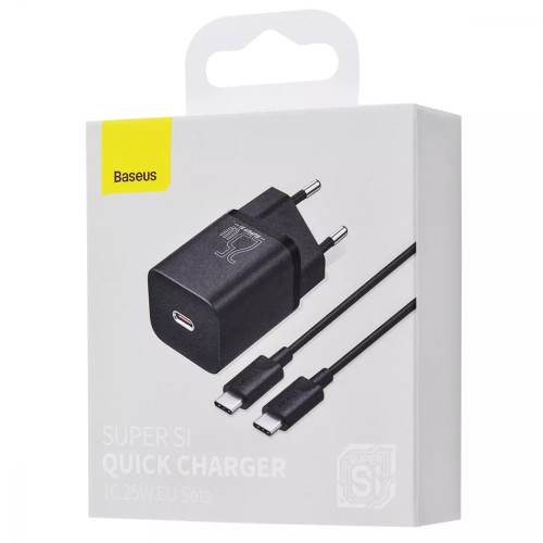 МЗП Baseus Super Silicone PD Charger 25W (1Type-C) + With Cable Type-C to Type-C 3A (1m) Black