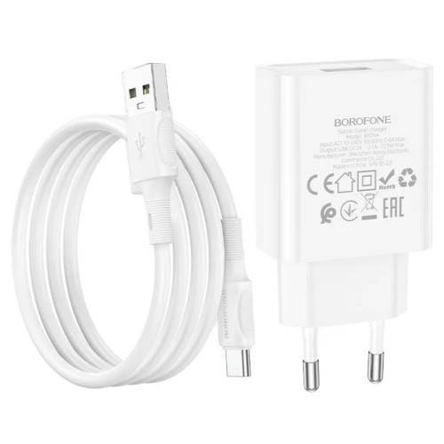 МЗП Borofone BA74A 10.5W 2.1A 1USB-A з кабелем Type-C White