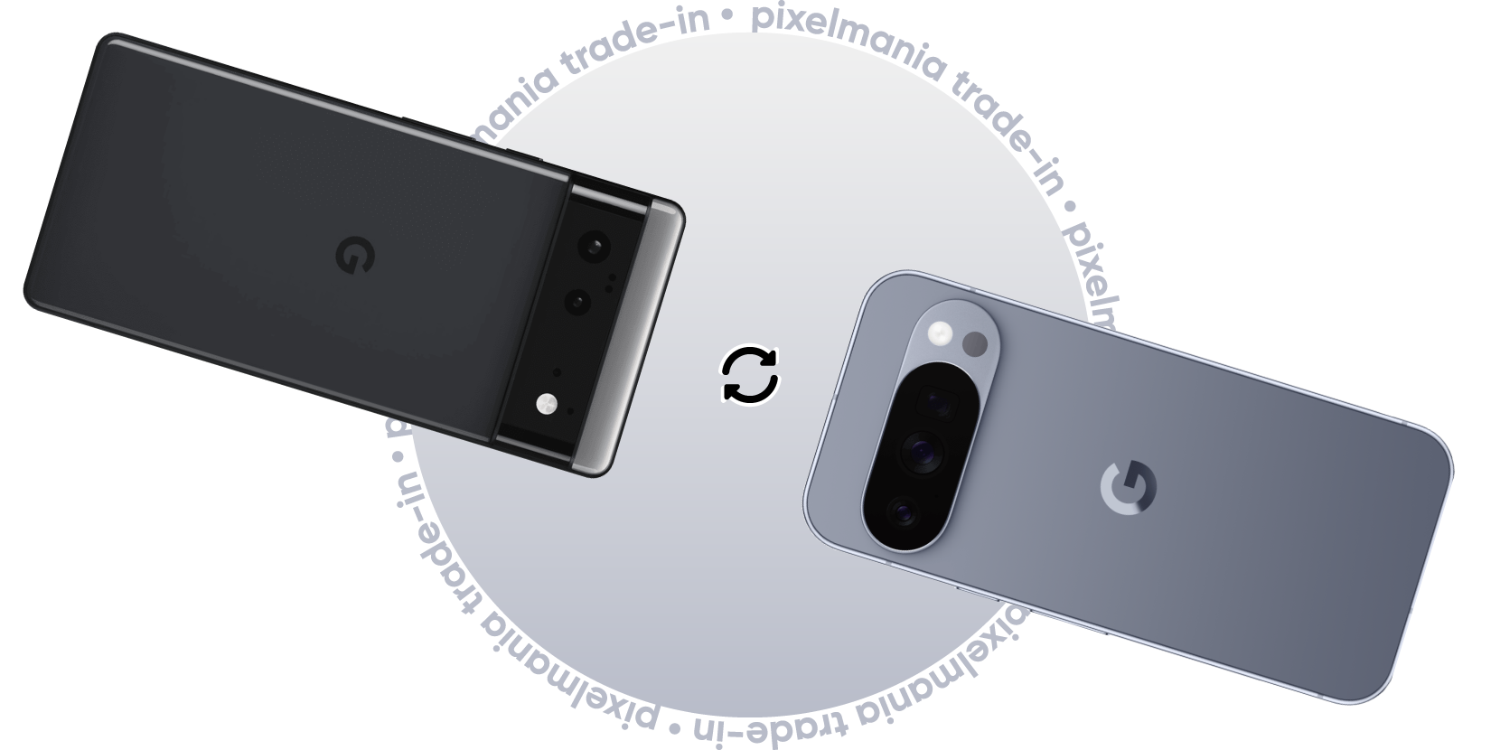 Обміняйте старий смартфон Google Pixel на новий за програмою Pixelmania Trade-In. Ліворуч зображений старий Pixel, праворуч новий, з текстом про знижку та символом оновлення в центрі.